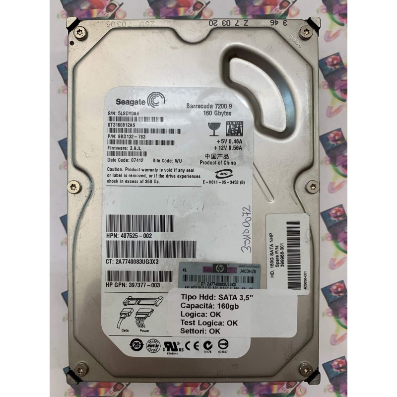 Hard Disk Usato Funzionante 100% Ok Sata 3,5" 160GB SEAGATE ST3160812AS 9BD132-783 3.AJL 07412 WU