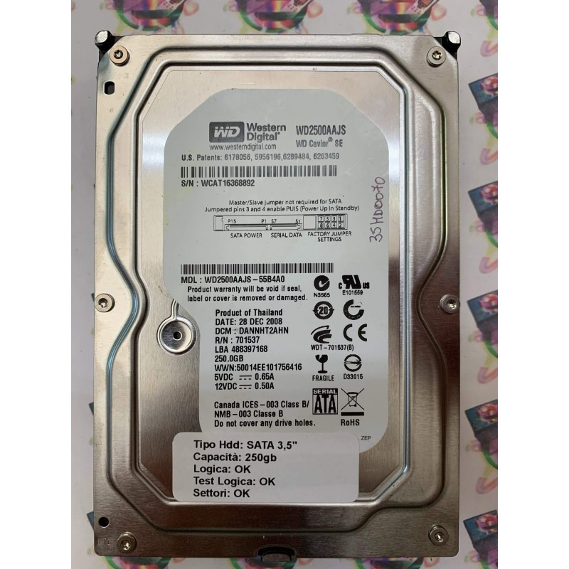 Hard Disk Usato Funzionante 100% Ok Sata 3,5" 250GB WESTWERN DIGITAL WD2500AAJS WD2500AAJS-55B4A0 488397168 28 DEC 2008