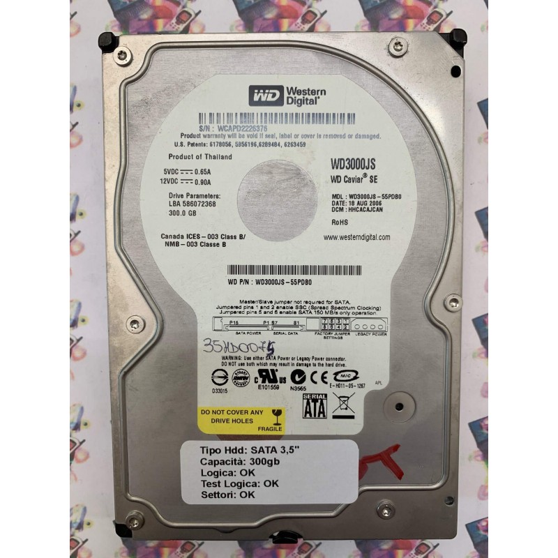 Hard Disk Usato Funzionante 100% Ok Sata 3,5" 300GB WESTERN DIGITAL WD3000JS WD3000JS-55PDB0 586072368 18 AUG 2006