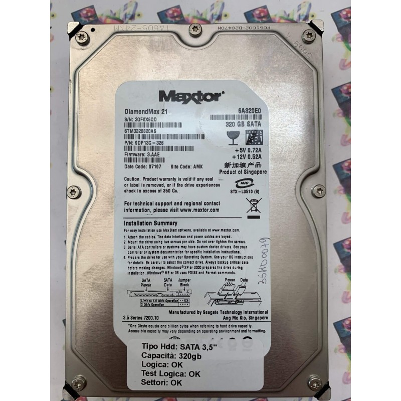 Hard Disk Usato Funzionante 100% Ok Sata 3,5" 320GB MAXTOR STM3320820AS 9DP13G-326 3.AAE 07197 AMK