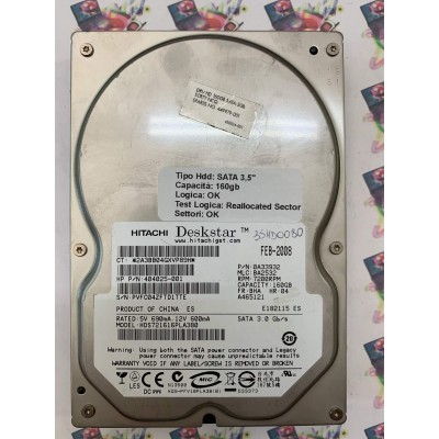 Hard Disk Usato Semifunzionante Sata 3,5" 160GB HITACHI HDS721616PLA380 0A33932 BA2532 BHA 04