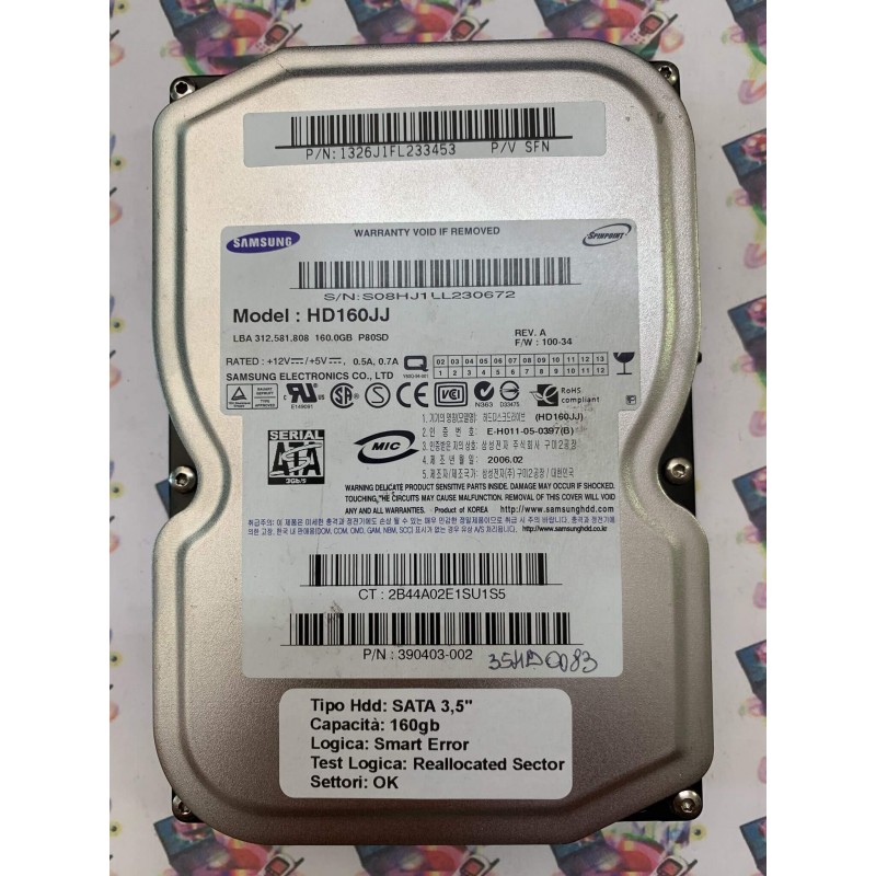 Hard Disk Usato Semifunzionante Sata 3,5" 160GB SAMSUNG HD160JJ 390403-002 A 100-34
