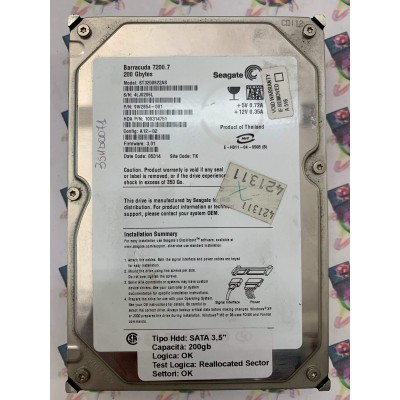 Hard Disk Usato Semifunzionante Sata 3,5" 200Gb SEAGATE ST3200822AS 9W2854-001 100314751 05314 TK
