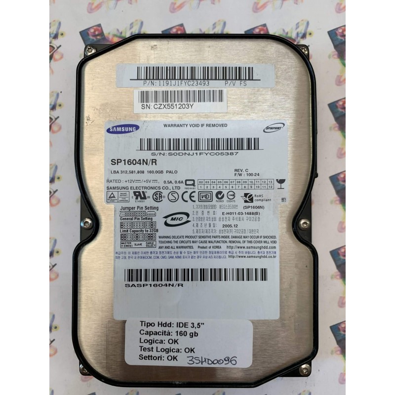 Hard Disk Usato Funzionante 100% Ok  Ide 3,5" 160gb Samsung SP1604N/R 1191J1FYC23493 FS 2005.12