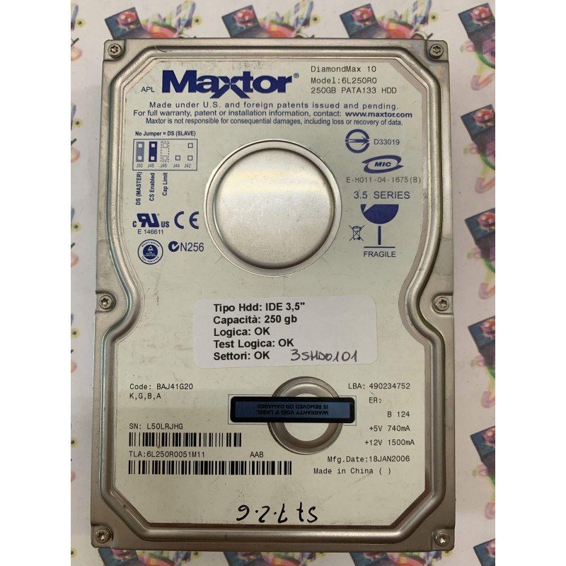 Hard Disk Usato Funzionante 100% Ok  Ide 3,5" 250Gb MAXTOR 6L250R0 BAJ41G20 490234752 6L250R0051M11