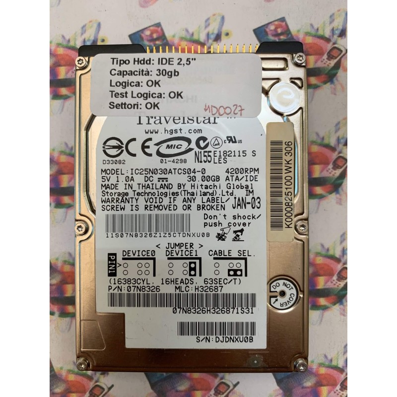 Hard Disk Usato Funzionante 100% Ok IDE 2,5" 30GB HITACHI IC25N030ATCS04-0 07N8326 H32687
