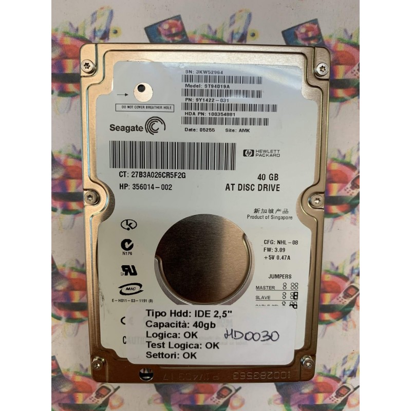 Hard Disk Usato Funzionante 100% Ok IDE 2,5" 40GB SEAGATE ST94019A 9Y1422-031 05255 AMK