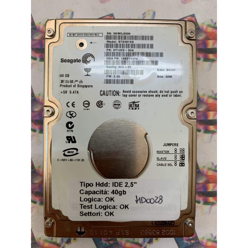 Hard Disk Usato Funzionante 100% Ok IDE 2,5" 40GB SEAGATE ST94019A SY1422-034 3.05 04441 AMK