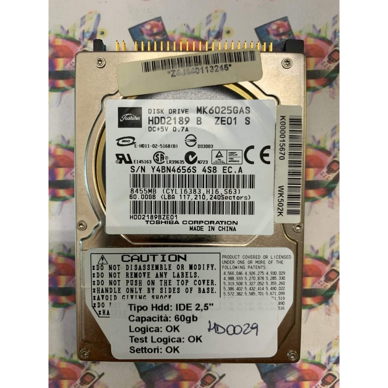 Hard Disk Usato Funzionante 100% Ok IDE 2,5" 60GB TOSHIBA MK6025GAS HDD2189 B ZE01 S