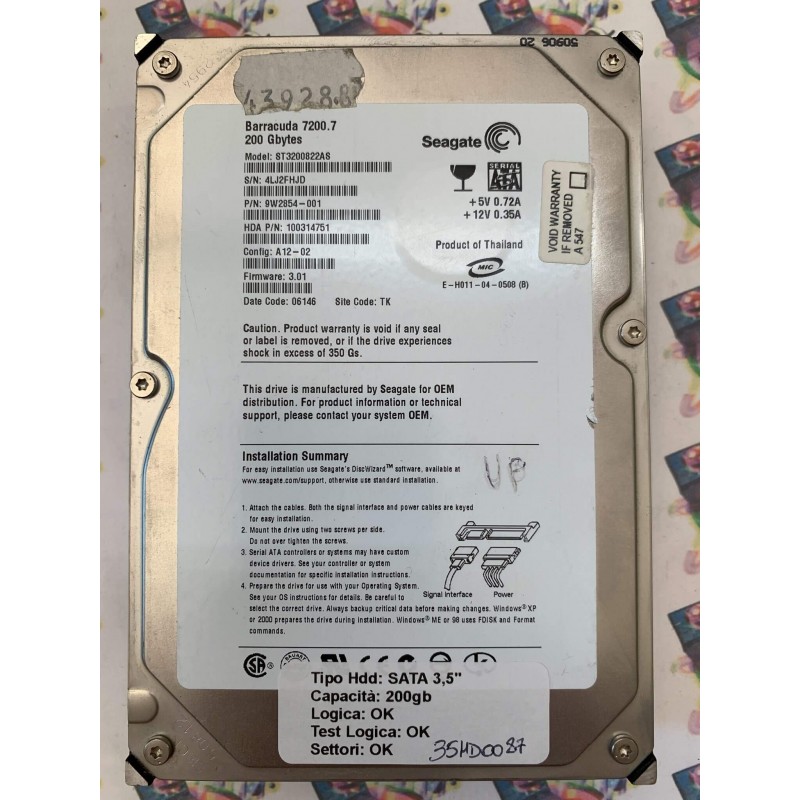Hard Disk Usato Funzionante 100% Ok Sata 3,5" 200Gb SEAGATE ST3200822AS 9W2854-001 3.01 06146 TK