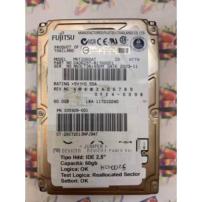 Hard Disk Usato Semifunzionante IDE 2,5" 60GB FUJITSU MHT2060AT CAO6297-B17600C1 2003-11