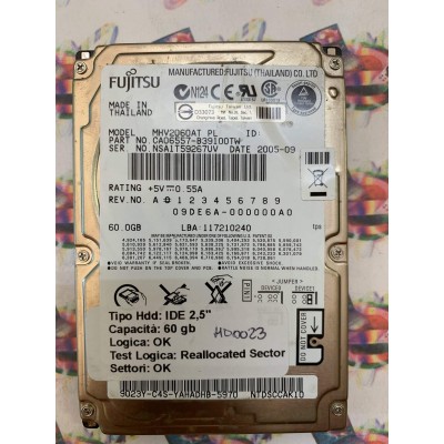 Hard Disk Usato Semifunzionante IDE 2,5" 60GB FUJITSU MHV2060AT CA06557-B39100TW 2005-09