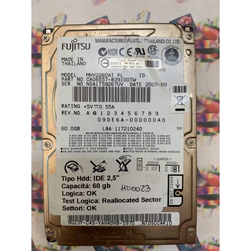 Hard Disk Usato Semifunzionante IDE 2,5" 60GB FUJITSU MHV2060AT CA06557-B39100TW 2005-09