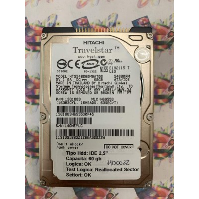 Hard Disk Usato Semifunzionante IDE 2,5" 60GB HITACHI HTS548060M9AT00 13G1883 H69553