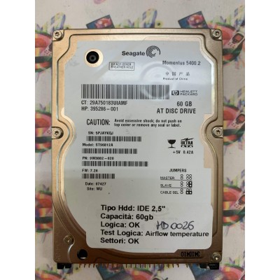 Hard Disk Usato Semifunzionante IDE 2,5" 60GB SEAGATE ST96812A 9W3882-020 7.26 07427 WU