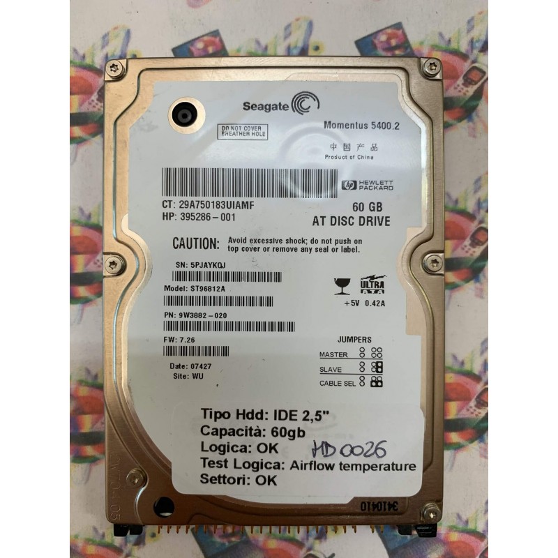 Hard Disk Usato Semifunzionante IDE 2,5" 60GB SEAGATE ST96812A 9W3882-020 7.26 07427 WU