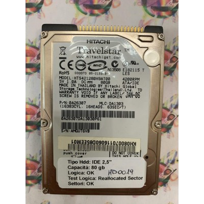 Hard Disk Usato Semifunzionante IDE 2,5" 80GB Hitachi HTS421280H9AT00 0A26307 DA1303