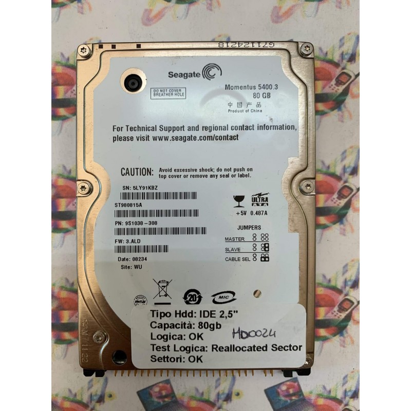 Hard Disk Usato Semifunzionante IDE 2,5" 80GB SEAGATE ST980815A 9S1038-308 3.ALD 08234 WU