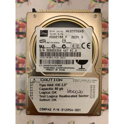 Hard Disk Usato Semifunzionante IDE 2,5" 80GB Toshiba MK8025GAS HDD2188 F ZE01 S 2668C0AUZRIENR