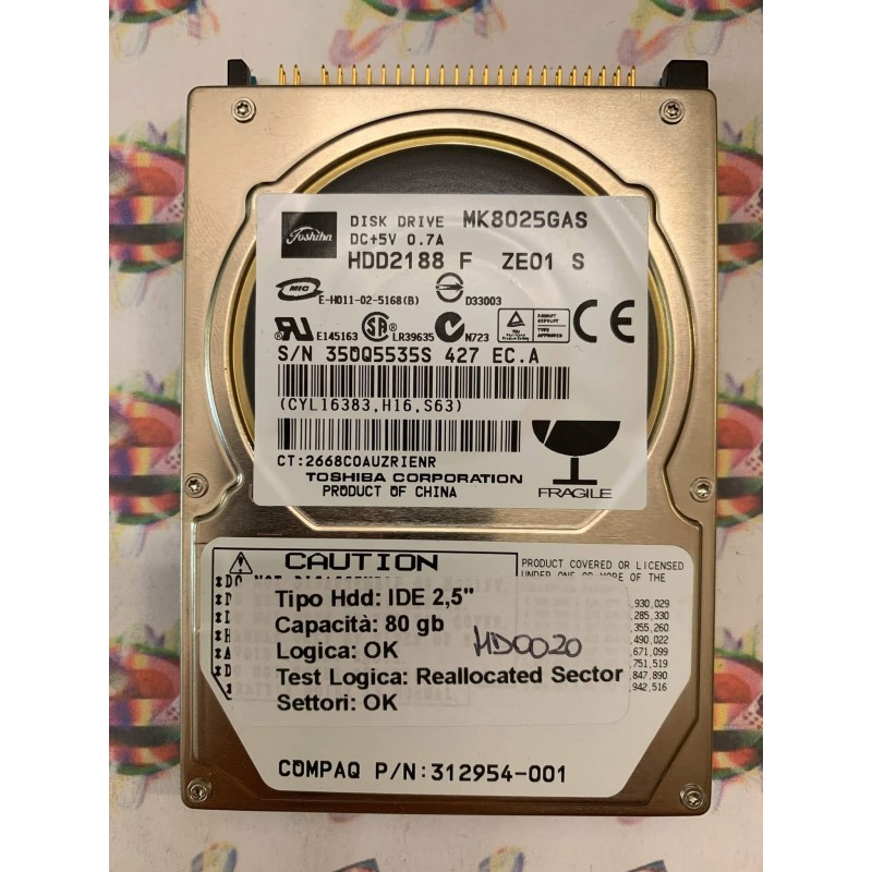 Hard Disk Usato Semifunzionante IDE 2,5" 80GB Toshiba MK8025GAS HDD2188 F ZE01 S 2668C0AUZRIENR