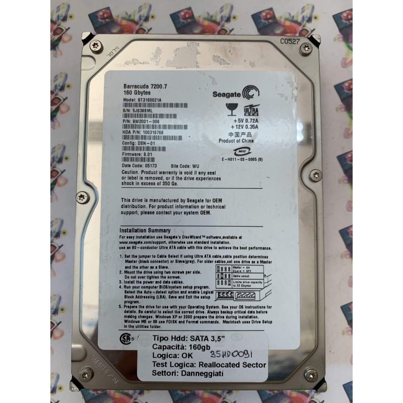 Hard Disk Usato Semifunzionante IDE 3,5" 160gb Seagate ST3160021A 9W2001-006 8.01 05173 WU