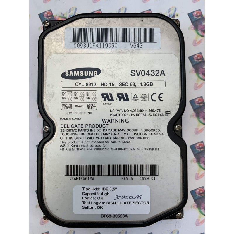 Hard Disk Usato Semifunzionante IDE 3,5" 4GB Samsung SV0432A J3AK125612A REV A 1999.01