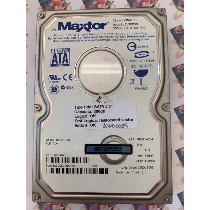 Hard Disk Usato Semifunzionante Sata 3,5" 300GB MAXTOR 6L300S0 586114704 6L300S006SH1A 02 NOV 2005