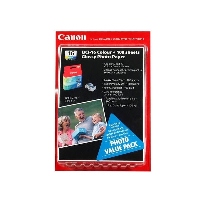 Kit 2 Cartucce Originali Canon 9818A002 BCI16C 7,5ml 100 Pagine Colore + Confezione 100 Fogli Carta fotografica 10x15