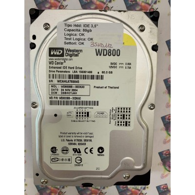 Hard Disk Usato Funzionante 100% Ok IDE 3,5" 80Gb WESTERN DIGITAL WD800 WD800BB-00DKA0 DSBHCTJAH 24 NOV 2004