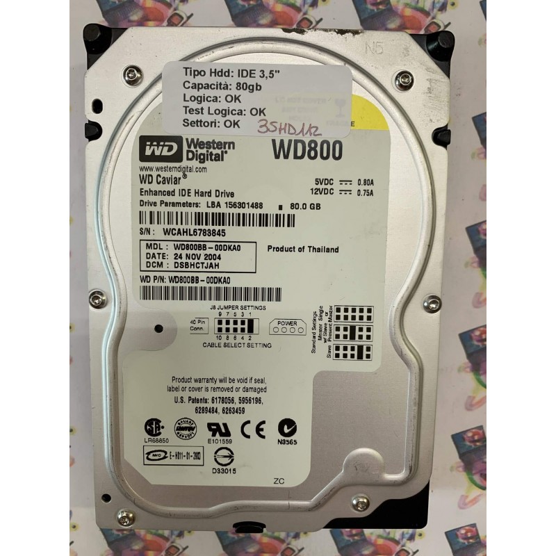 Hard Disk Usato Funzionante 100% Ok IDE 3,5" 80Gb WESTERN DIGITAL WD800 WD800BB-00DKA0 DSBHCTJAH 24 NOV 2004