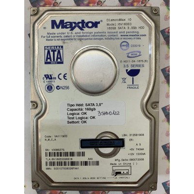 Hard Disk Usato Funzionante 100% Ok SATA 3,5" 160GB MAXTOR 6V160E0 6V160E003631B VA111900 09 OCT 2006