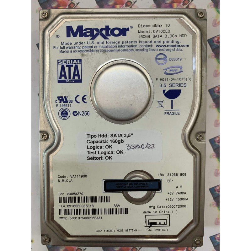 Hard Disk Usato Funzionante 100% Ok SATA 3,5" 160GB MAXTOR 6V160E0 6V160E003631B VA111900 09 OCT 2006