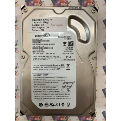 Hard Disk Usato Funzionante 100% Ok SATA 3,5" 160GB Seagate ST3160812AS 9BD132-188 3.AAE 08086 WU