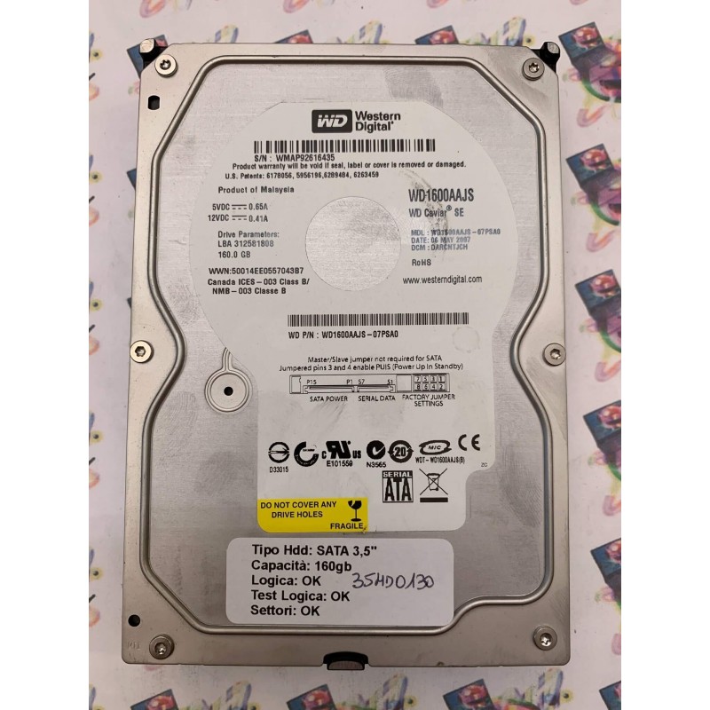 Hard Disk Usato Funzionante 100% Ok SATA 3,5" 160GB WESTERN DIGITAL WD1600AAJS WD1600AAJS-07PSA0 DARCNTJCH 06 MAY 2007