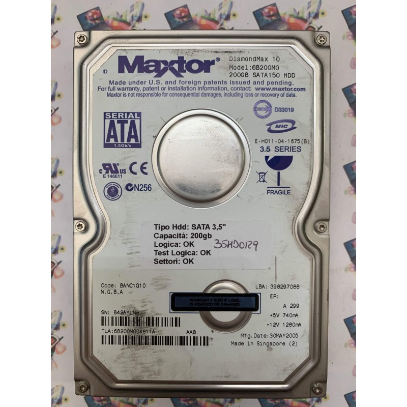 Hard Disk Usato Funzionante 100% Ok SATA 3,5" 200GB MAXTOR 6B200M0 6B200M004811A BANC1G10 30 MAY 2005
