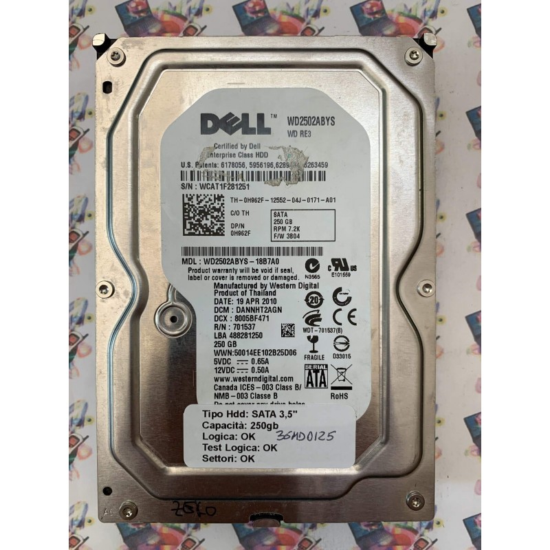 Hard Disk Usato Funzionante 100% Ok SATA 3,5" 250GB DELL WD2502ABYS WD2502ABYS-18B7A0 DANNHT2AGN 19 APR 2010