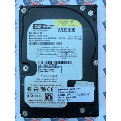 Hard Disk Usato Funzionante 100% Ok SATA 3,5" 250GB WESTERN DIGITAL WD2500JD WD2500JD-00HBB0 DSBHCTJAH 03 DEC 2004