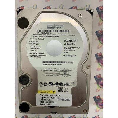 Hard Disk Usato Funzionante 100% Ok SATA 3,5" 320GB WESTERN DIGITAL WD3200AAKS WD3200AAKS-00VYA0 EHRNHTJAHN 07 SEP 2007