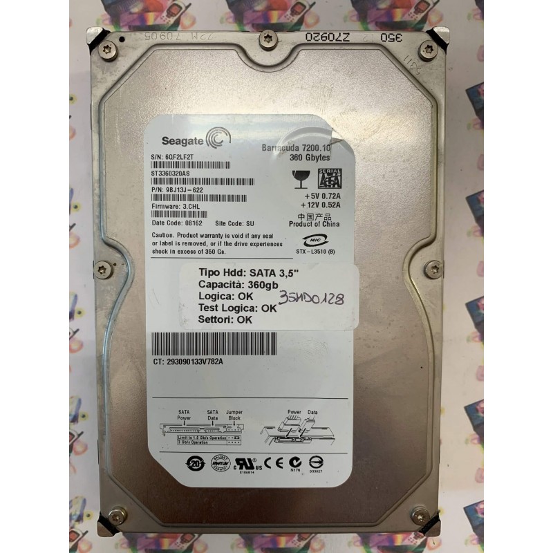 Hard Disk Usato Funzionante 100% Ok SATA 3,5" 360GB SEAGATE ST3360320AS 9BJ13J-622 3.CHL 08162 SU