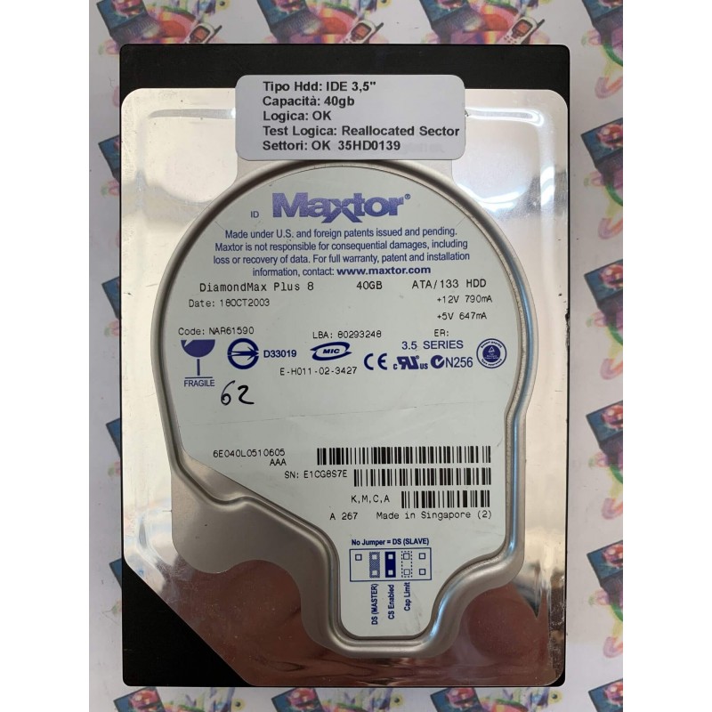 Hard Disk Usato Semifunzionante IDE 3,5" 40Gb MAXTOR 6E040L0 6E040L0510605 NAR61590 18 OCT 2003
