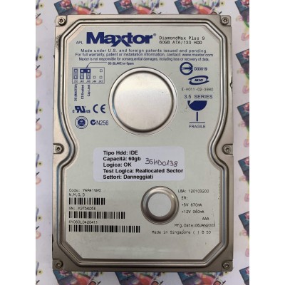 Hard Disk Usato Semifunzionante IDE 3,5" 60Gb MAXTOR 6Y060L0 6Y060L0420411 YAR41VW0 06 JAN 2003