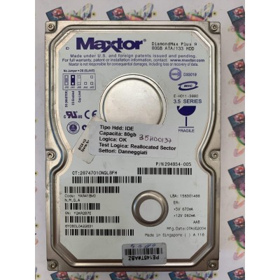 Hard Disk Usato Semifunzionante IDE 3,5" 80Gb MAXTOR 6Y080L0 6Y080L0422631 YAR41BW0 07 AUG 2004