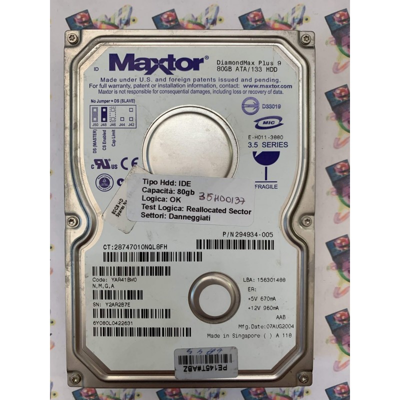 Hard Disk Usato Semifunzionante IDE 3,5" 80Gb MAXTOR 6Y080L0 6Y080L0422631 YAR41BW0 07 AUG 2004