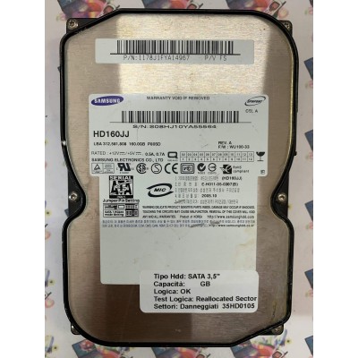 Hard Disk Usato Semifunzionante SATA 3,5" 160Gb SAMSUNG HD160JJ 1178J1FYA14967 WU100-33 A