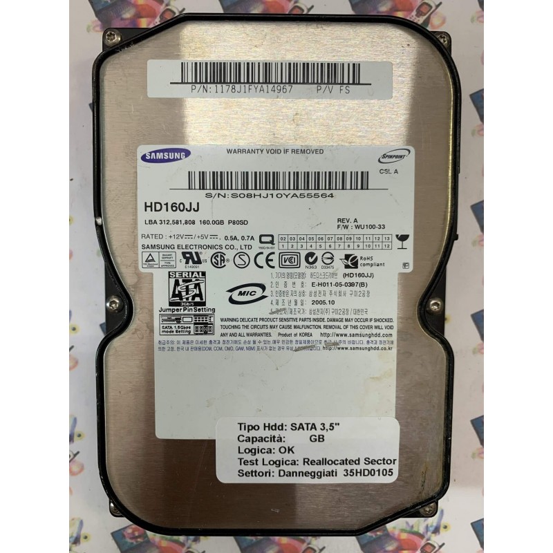 Hard Disk Usato Semifunzionante SATA 3,5" 160Gb SAMSUNG HD160JJ 1178J1FYA14967 WU100-33 A