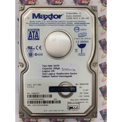 Hard Disk Usato Semifunzionante SATA 3,5" 200GB MAXTOR 6V200E0 6V200E004630A VA111630 16 FEB 2006