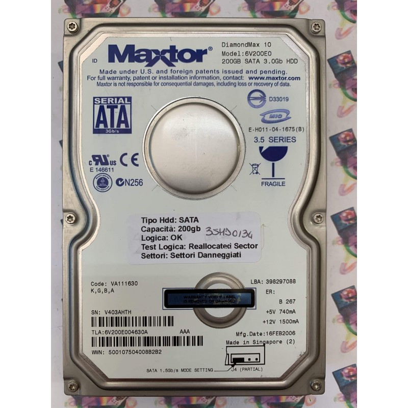 Hard Disk Usato Semifunzionante SATA 3,5" 200GB MAXTOR 6V200E0 6V200E004630A VA111630 16 FEB 2006