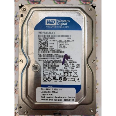 Hard Disk Usato Semifunzionante SATA 3,5" 250Gb WESTERN DIGITAL WD2500AAKX WD2500AAKX-753CA1 DHNNHT2MGN 04 JUN 2011