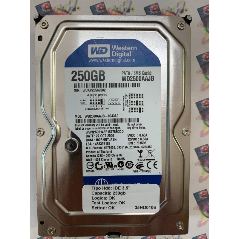 Hard Disk Usato Funzionante 100% Ok  IDE 3,5" 250Gb WESTERN DIGITAL WD2500AAJB WD2500AAJB-00J3A0 701596 27 OCT 2009