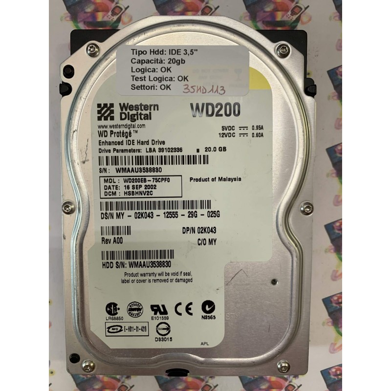 Hard Disk Usato Funzionante 100% Ok IDE 3,5" 20Gb WESTERN DIGITAL WD200 WD200EB-75CPF0 HSBHNV2C 16 SEP 2002